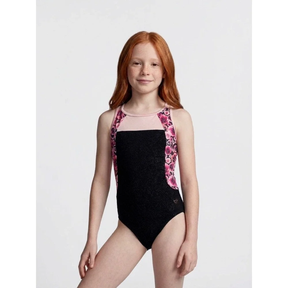Justice Active Girls Black Velvet Floral Glitter Gymnastics Leotard Size 14